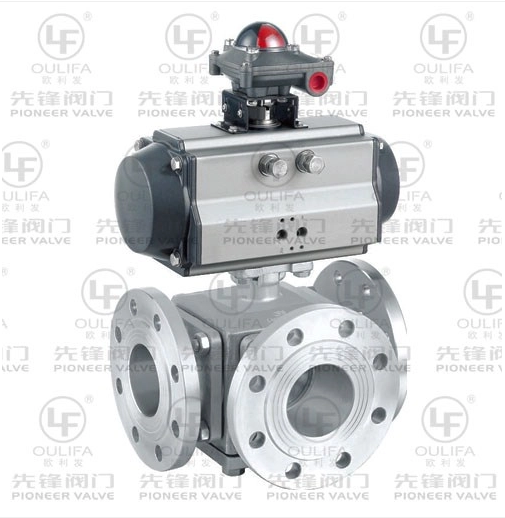 공압 플랜지형 3방향 볼 밸브 L 포트 또는 T 포트